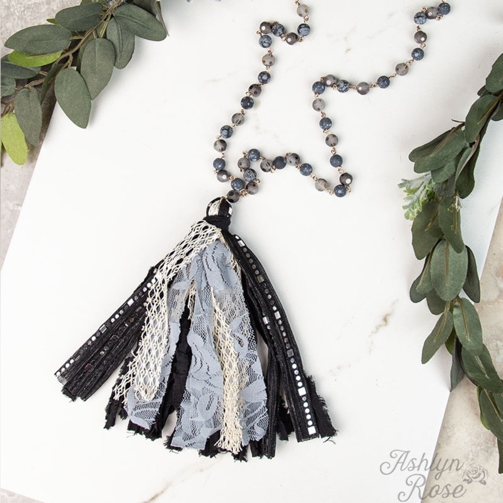 Boho Lace & Bead Tassel Necklace — Black and Gray